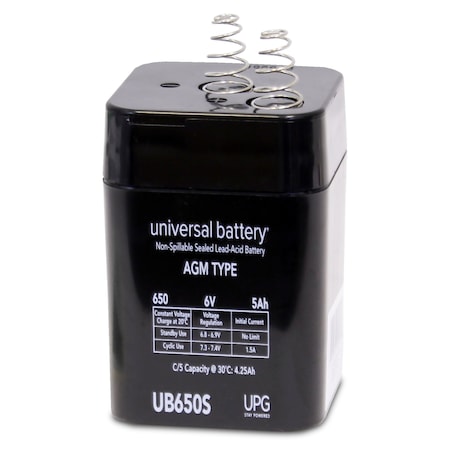 Upg Sealed Lead Acid Battery, 6 V, 5Ah, UB650S Lantern, S2 Spring Terminal, AGM Type D5697